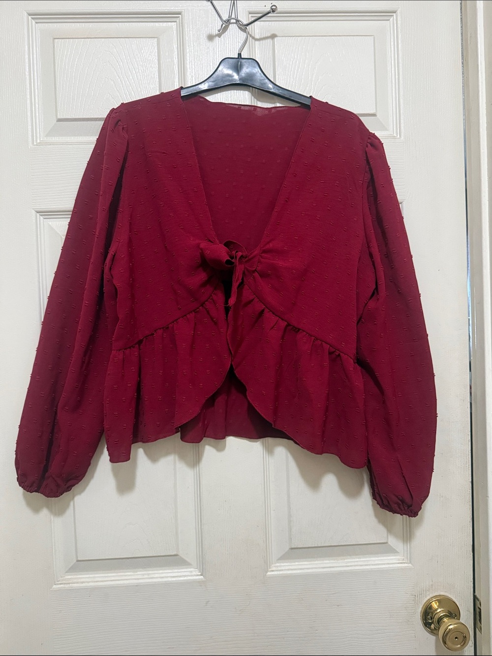 SHEIN Burgundy Tie-Front Peplum Blouse